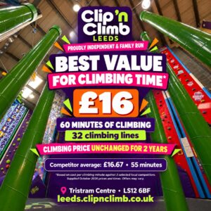 Clip ’n Climb Leeds: £16 for 60 minutes of climbing, with 32 climbing lines.